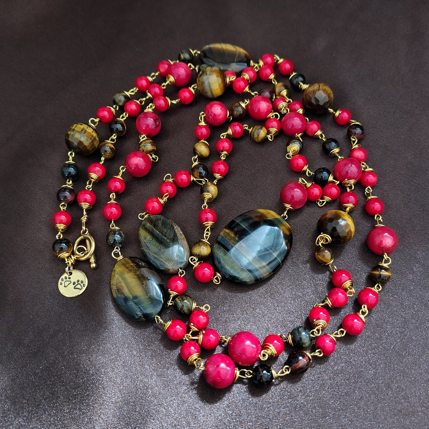 Collana "Un Filo che Unisce" in Occhio di Tigre e Corallo Rosso Bambù - Rif. 25/32